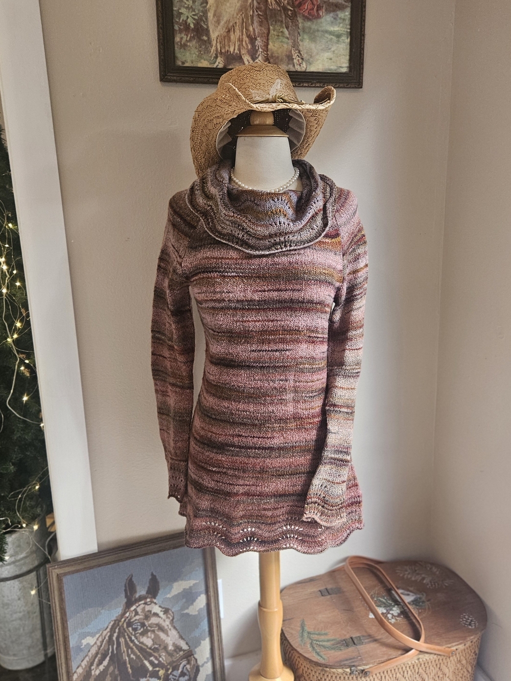 Beautiful Pink And Purple Multi-Striped Cowl Neck Sweater Dress Or Long Top